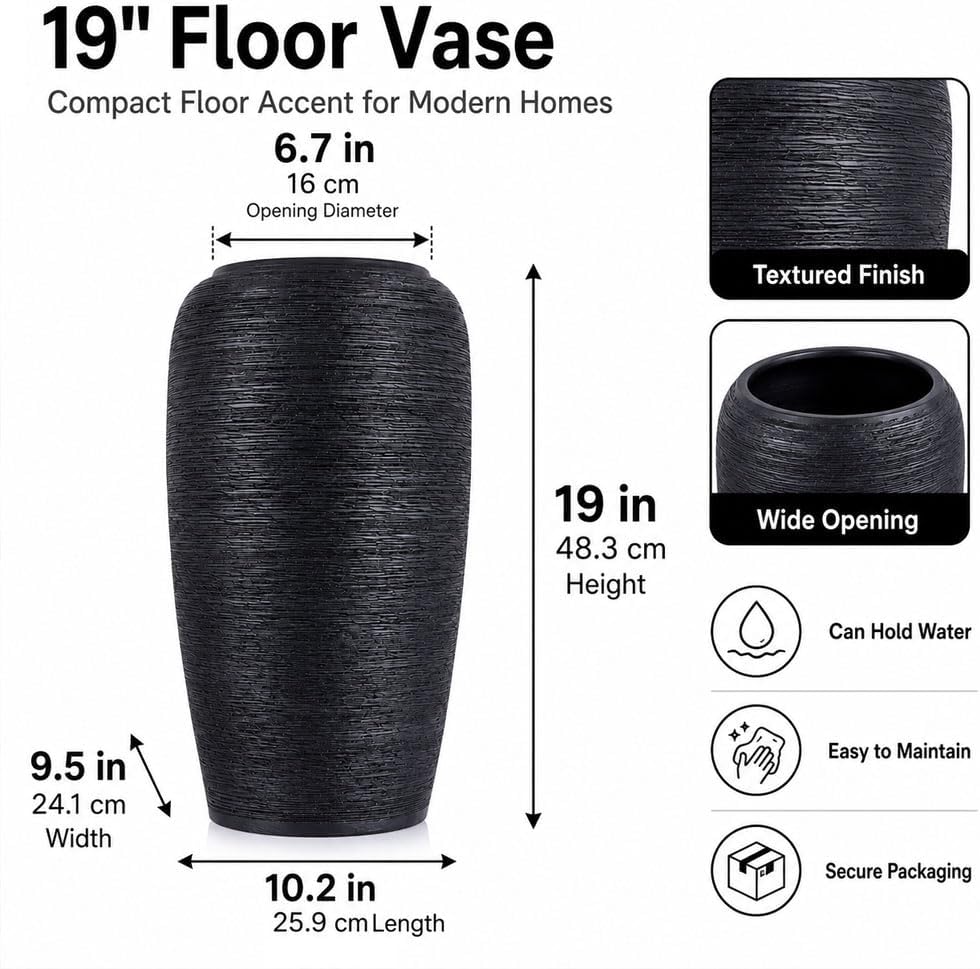 Matte Textured Black Ceramic Floor Vase