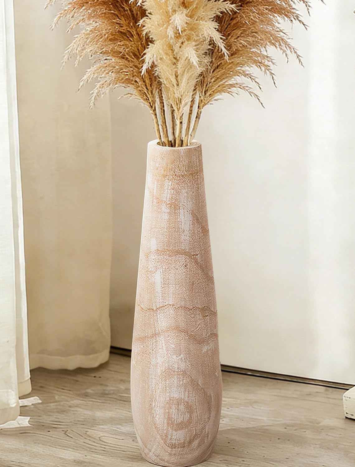 Boho Beige Tall Wood Floor Vase