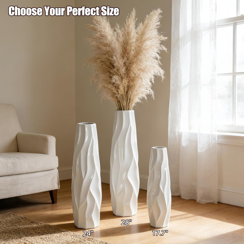 Pleated Wave White Ceramic Floor Vase