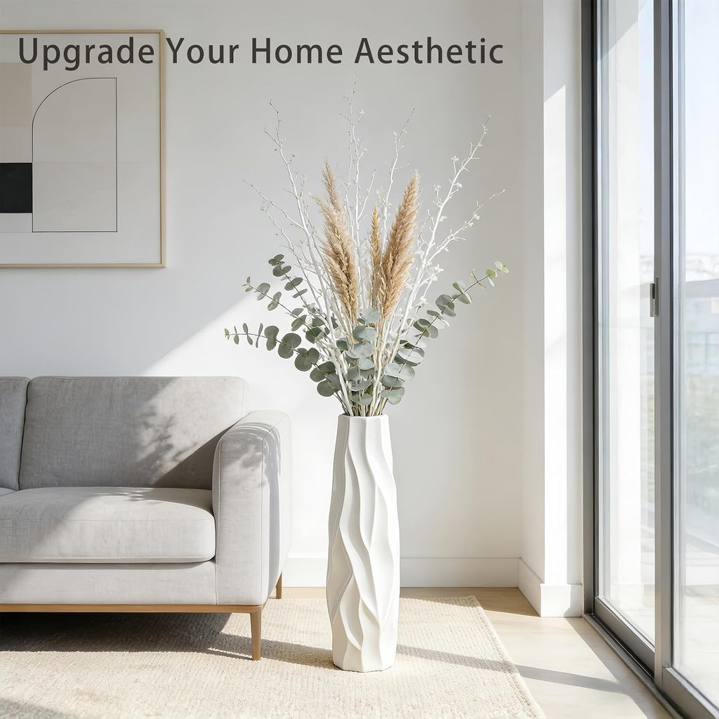 Pleated Wave White Ceramic Floor Vase