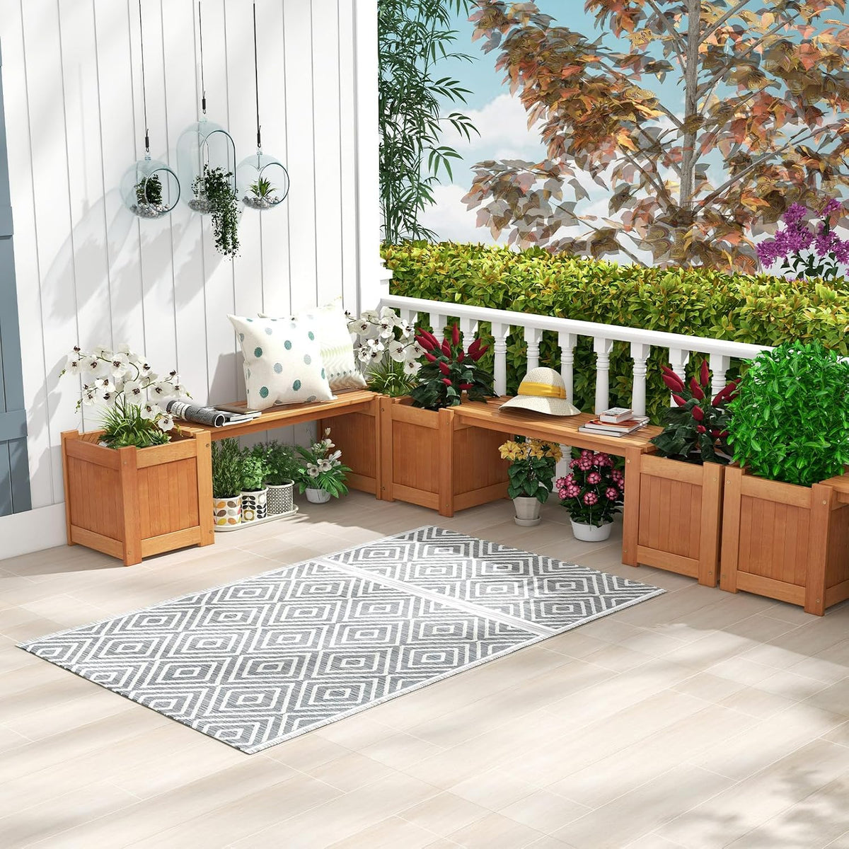 Teak Oil Finish Wood Planter Bench