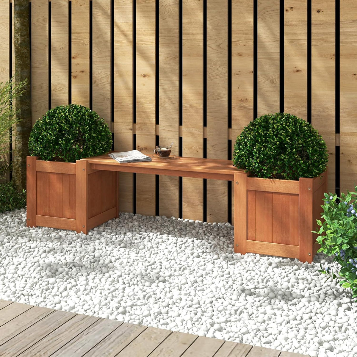 Teak Oil Finish Wood Planter Bench