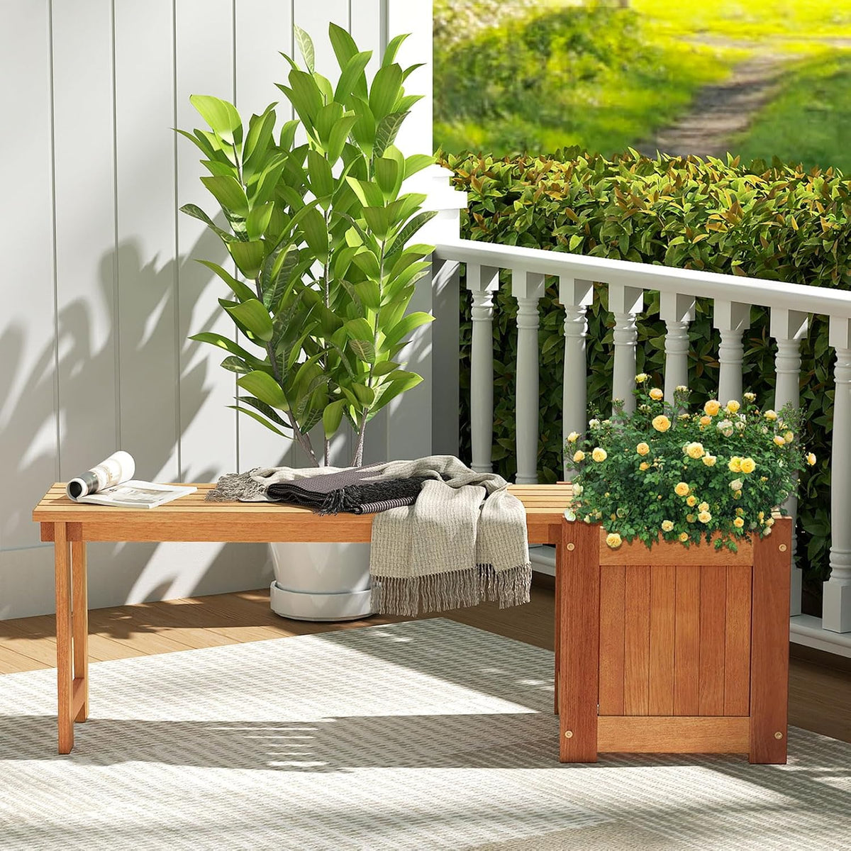 Teak Oil Finish 2‑in‑1 Planter Bench