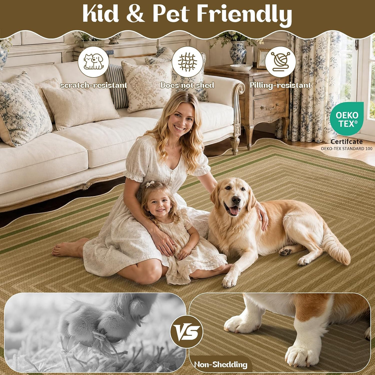 Scalloped Green‑Line Faux Jute Outdoor Rug