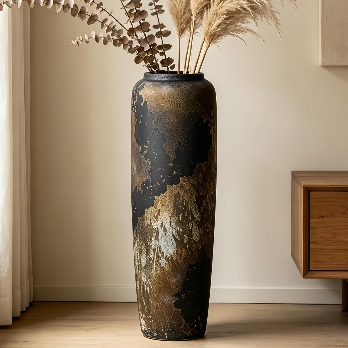 Rustic Black Ceramic Floor Vase