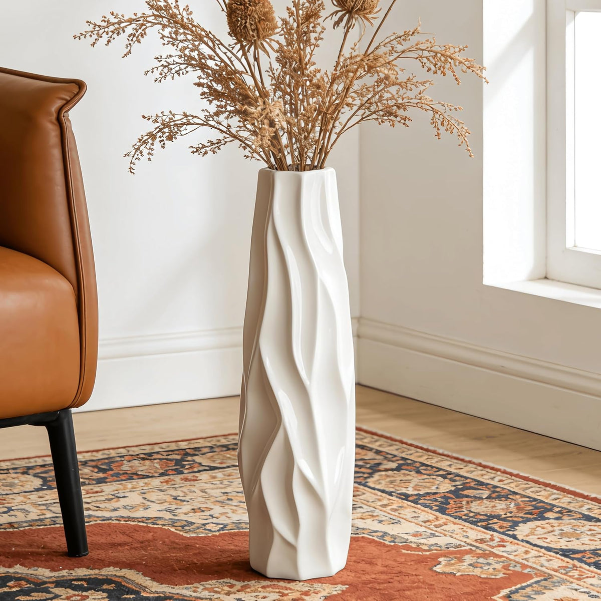 Pleated Wave White Ceramic Floor Vase