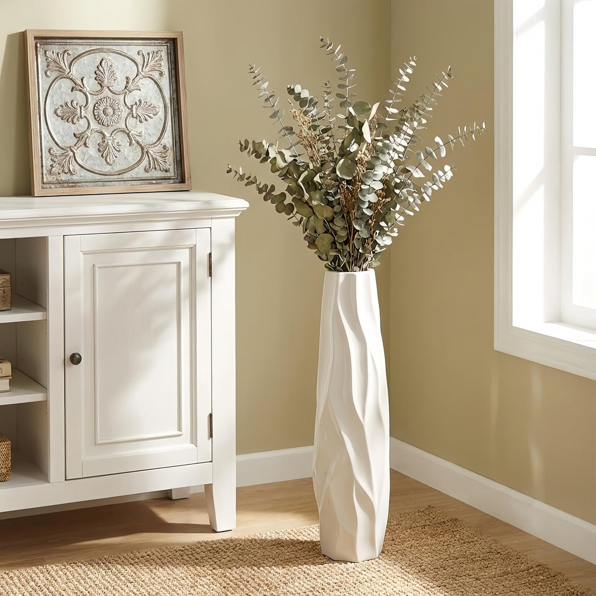 Pleated Wave White Ceramic Floor Vase