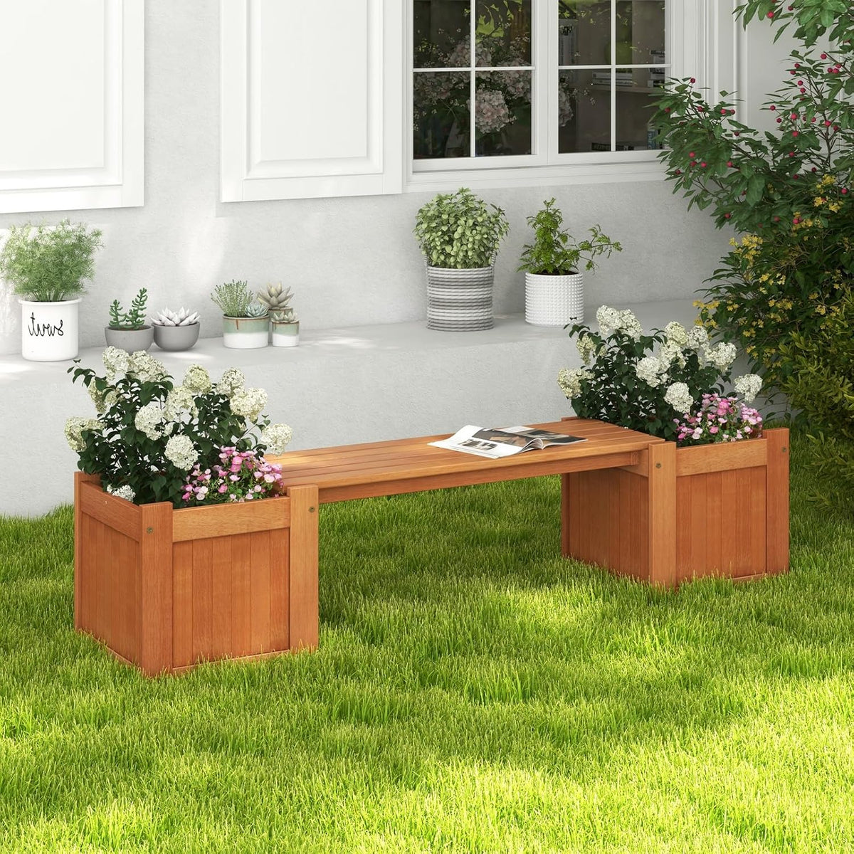 Teak Oil Finish Wood Planter Bench
