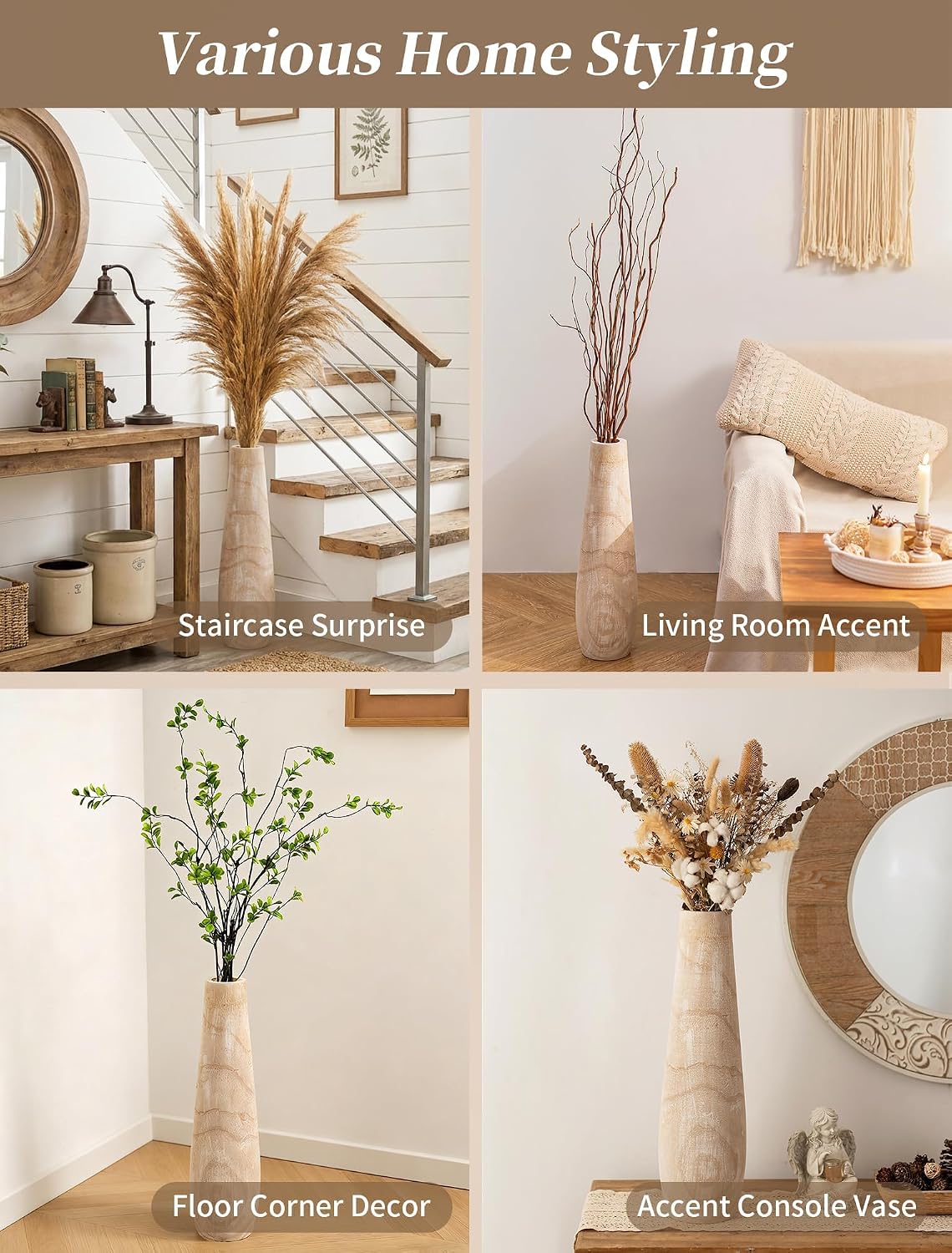 Boho Beige Tall Wood Floor Vase