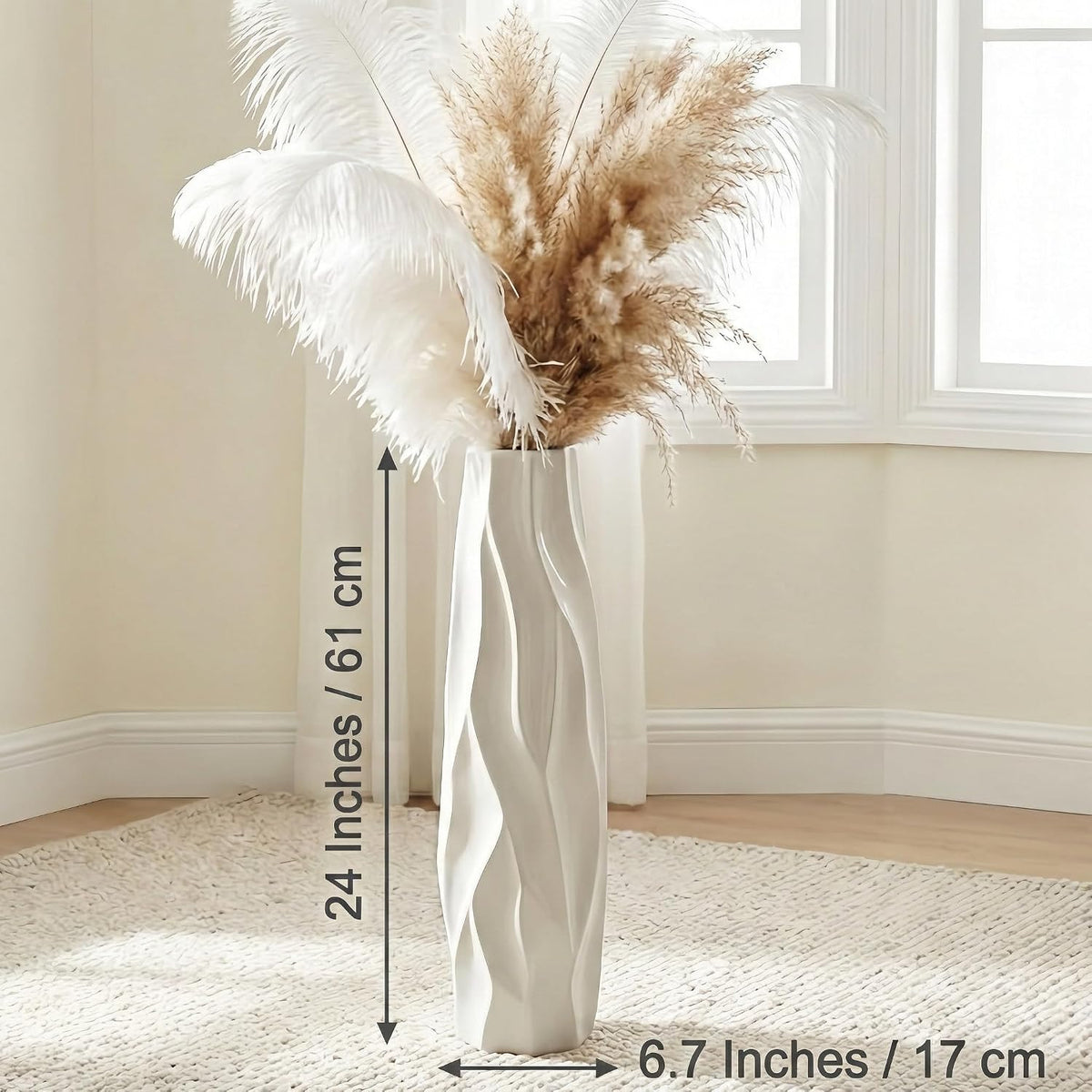 Pleated Wave White Ceramic Floor Vase