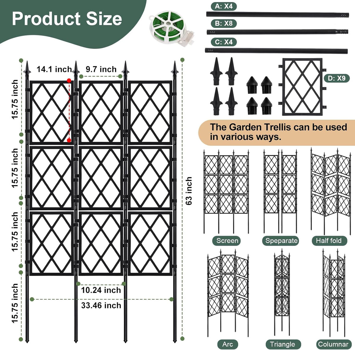 63 Inch Black Metal Lattice Garden Trellis