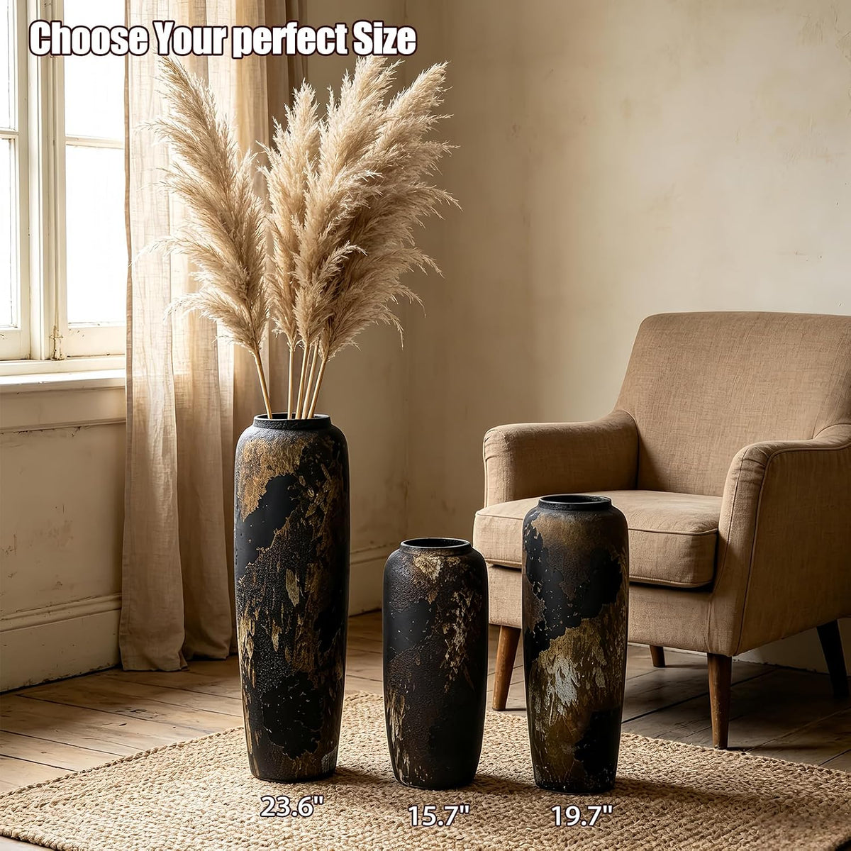 Rustic Black Ceramic Floor Vase