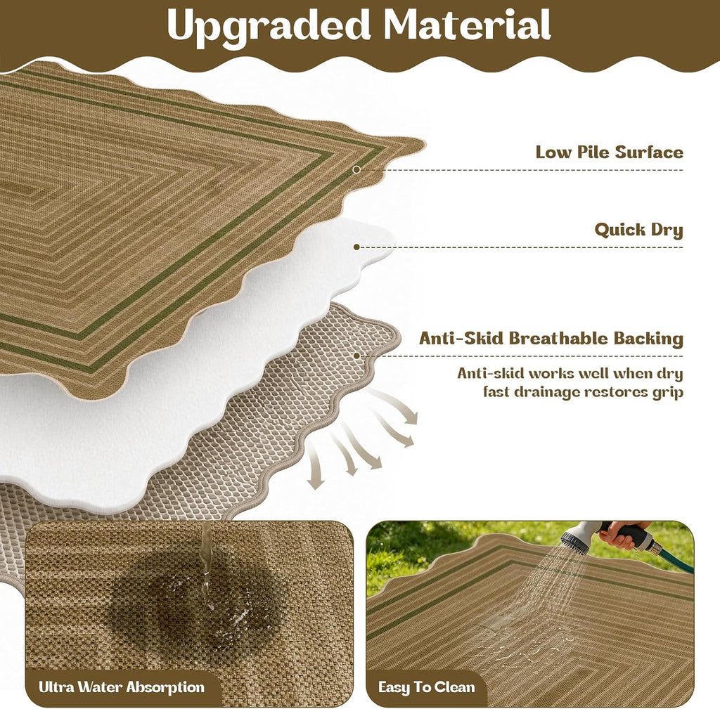 Scalloped Green‑Line Faux Jute Outdoor Rug