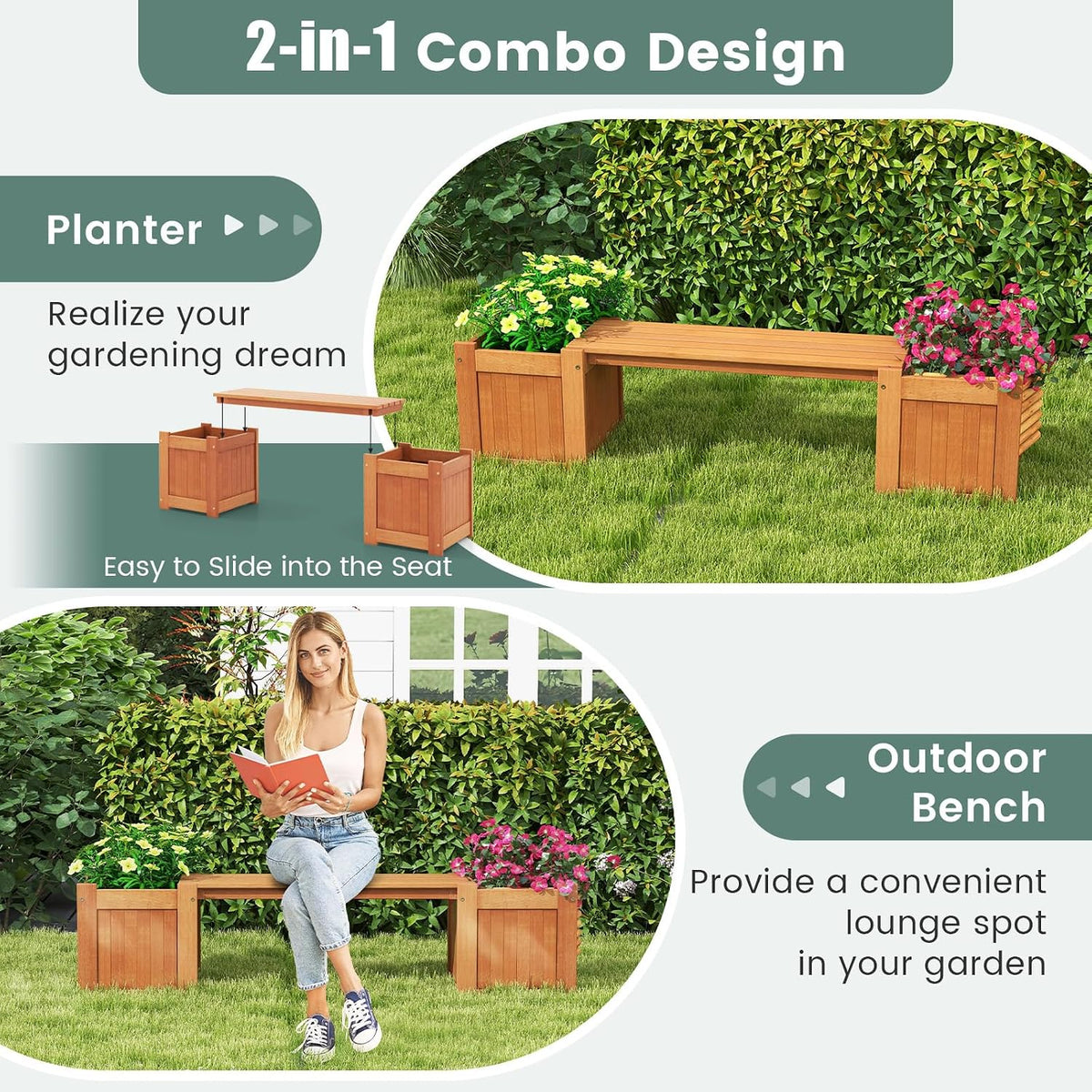 Teak Oil Finish Wood Planter Bench